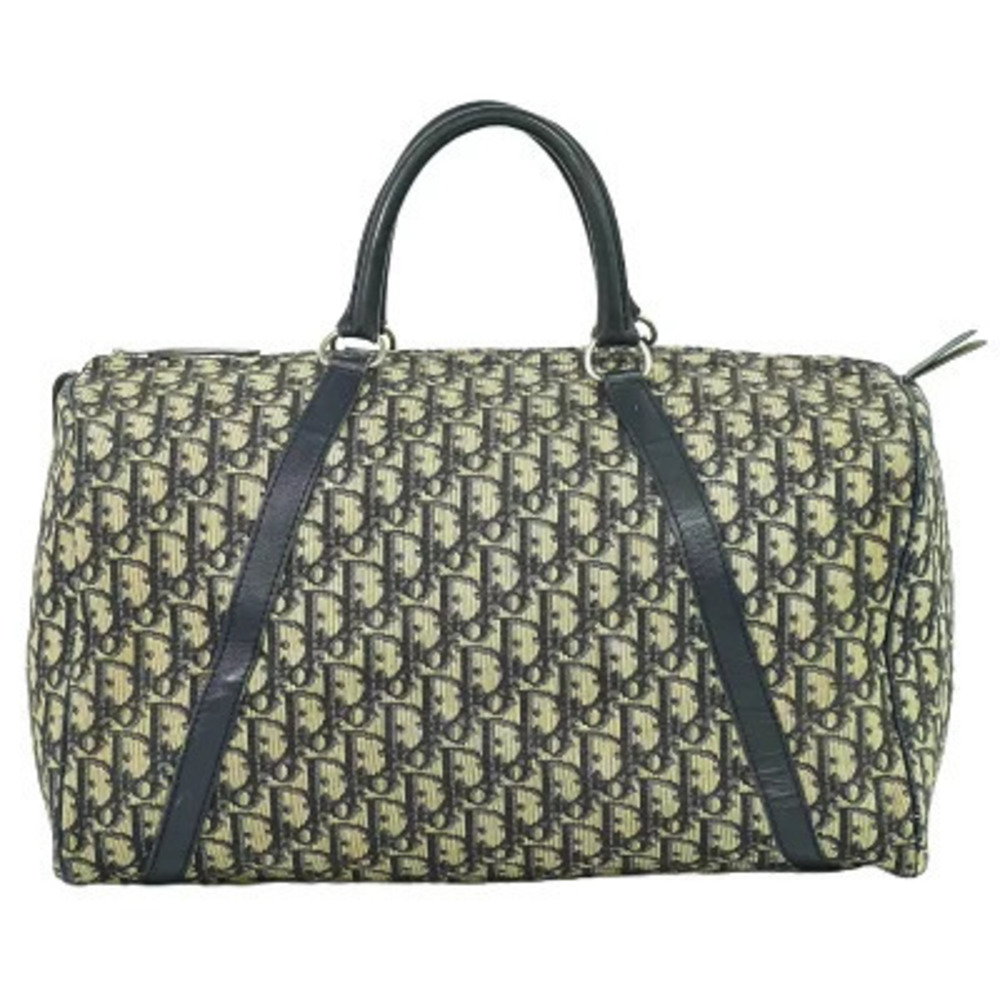 Christian Dior Trotter Boston Handbag Travel Canvas Navy Blue Beige